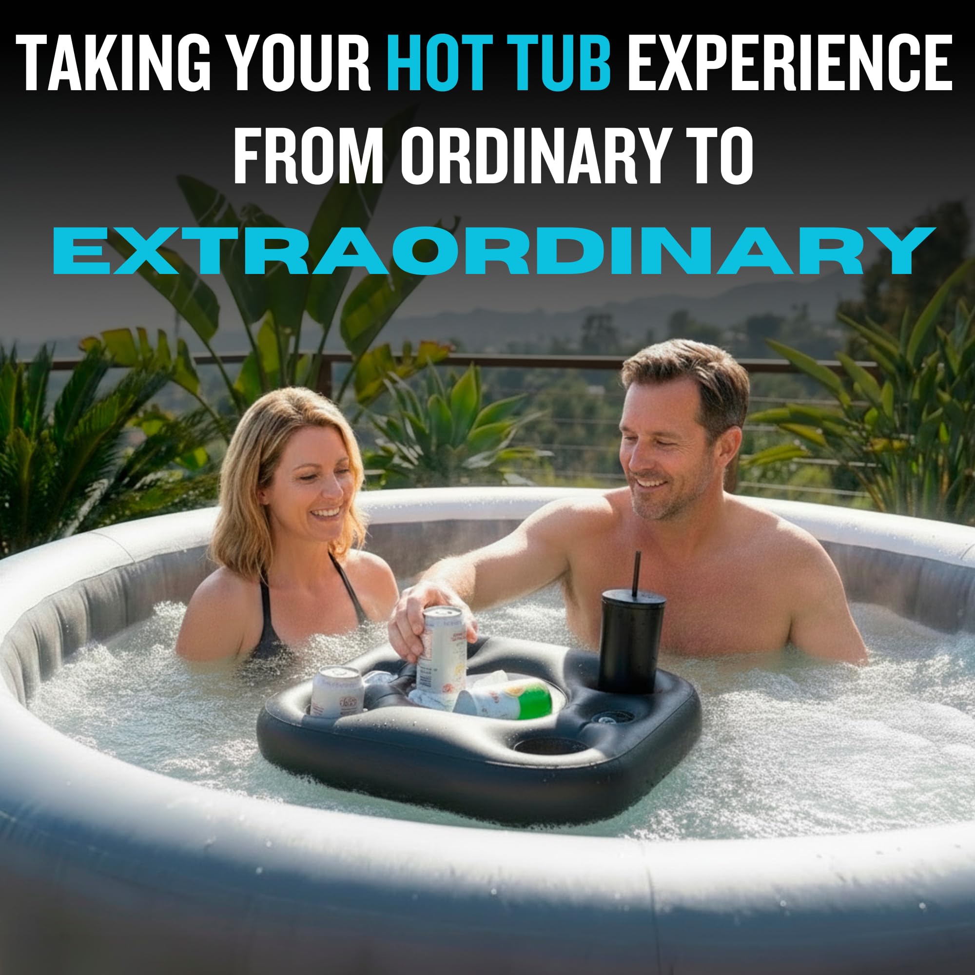 DIVEBLAST durable inflatable table for pool with items resting on top