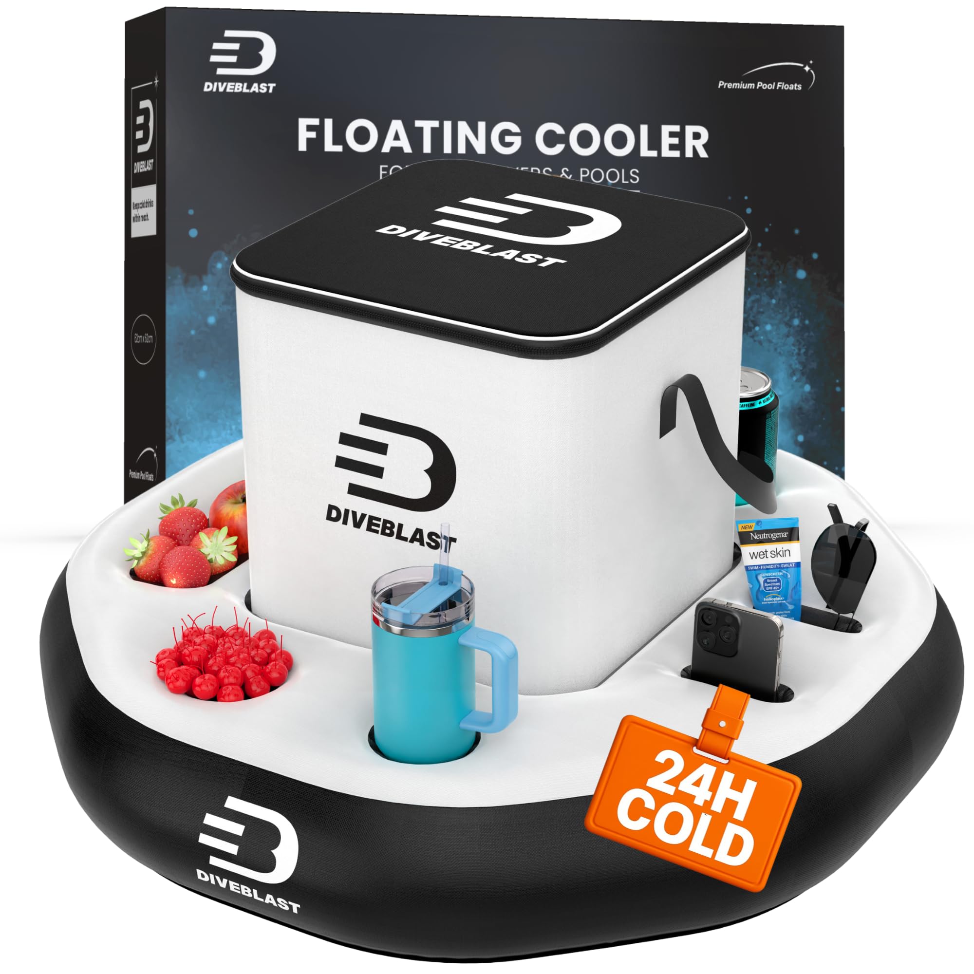 DIVEBLAST floating cooler at poolside keeps drinks within reach all day.