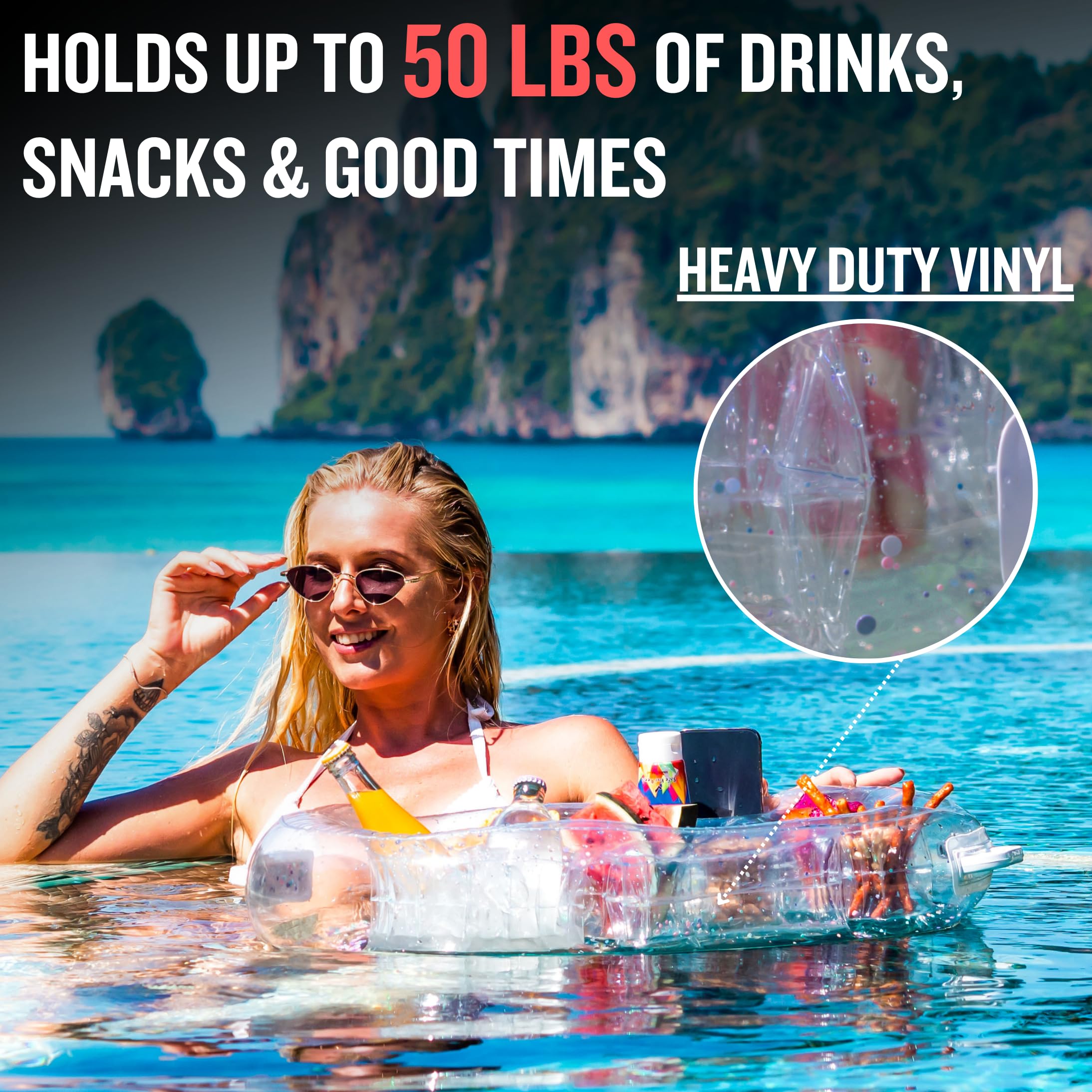 DiveBLAST glitter-accent floating drink holder adds sparkle to pool sessions