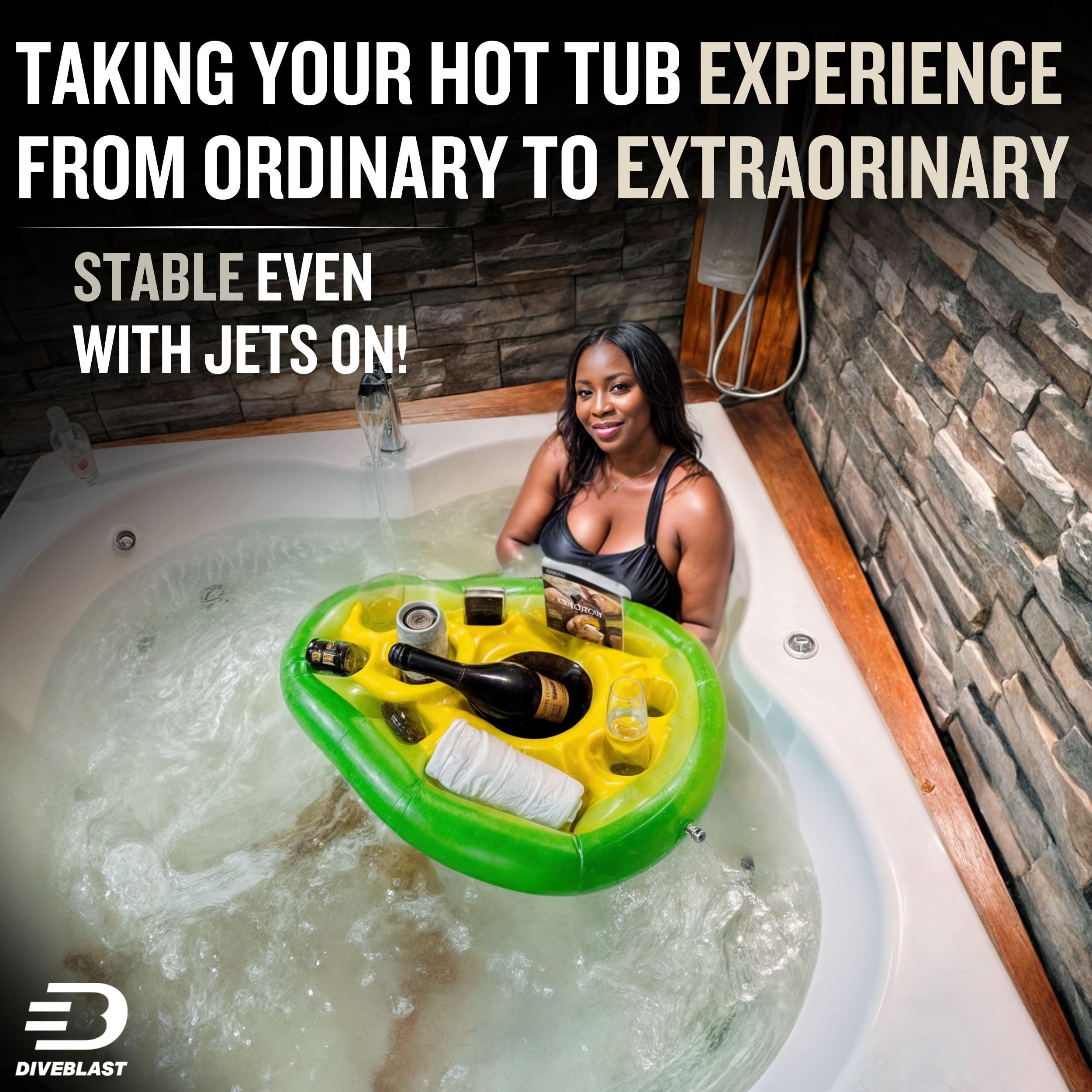 DIVEBLAST hot tub accessory image highlights drinks floating during a relaxation session.