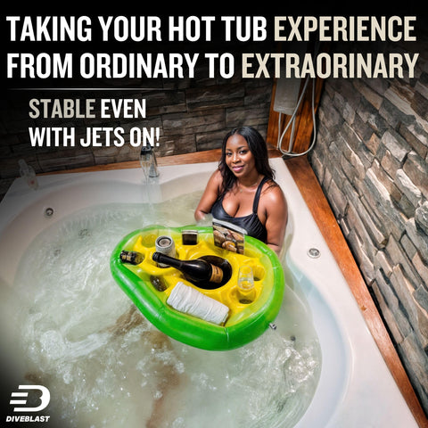 DIVEBLAST hot tub accessory image highlights drinks floating during a relaxation session.