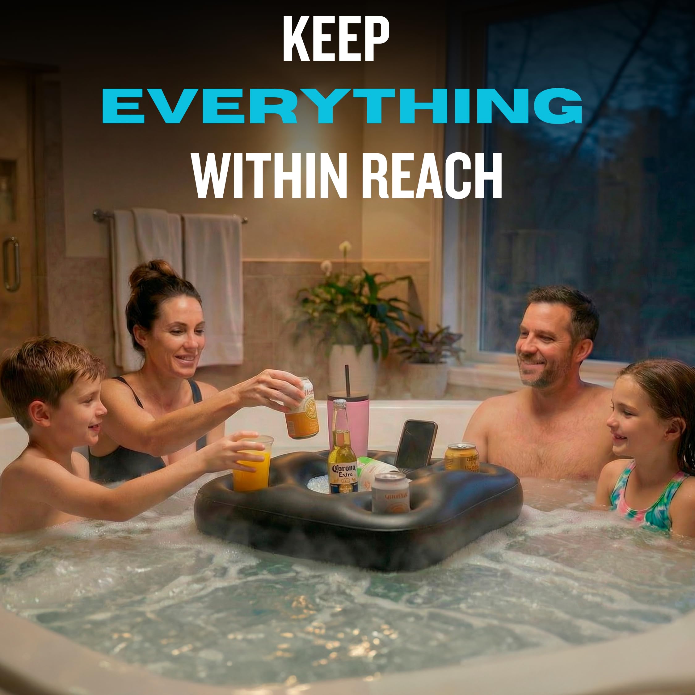 DIVEBLAST hot tub drink holder floating beside the bubbles