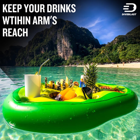DIVEBLAST inflatable tray demonstrates arms reach convenience while entertaining in water.