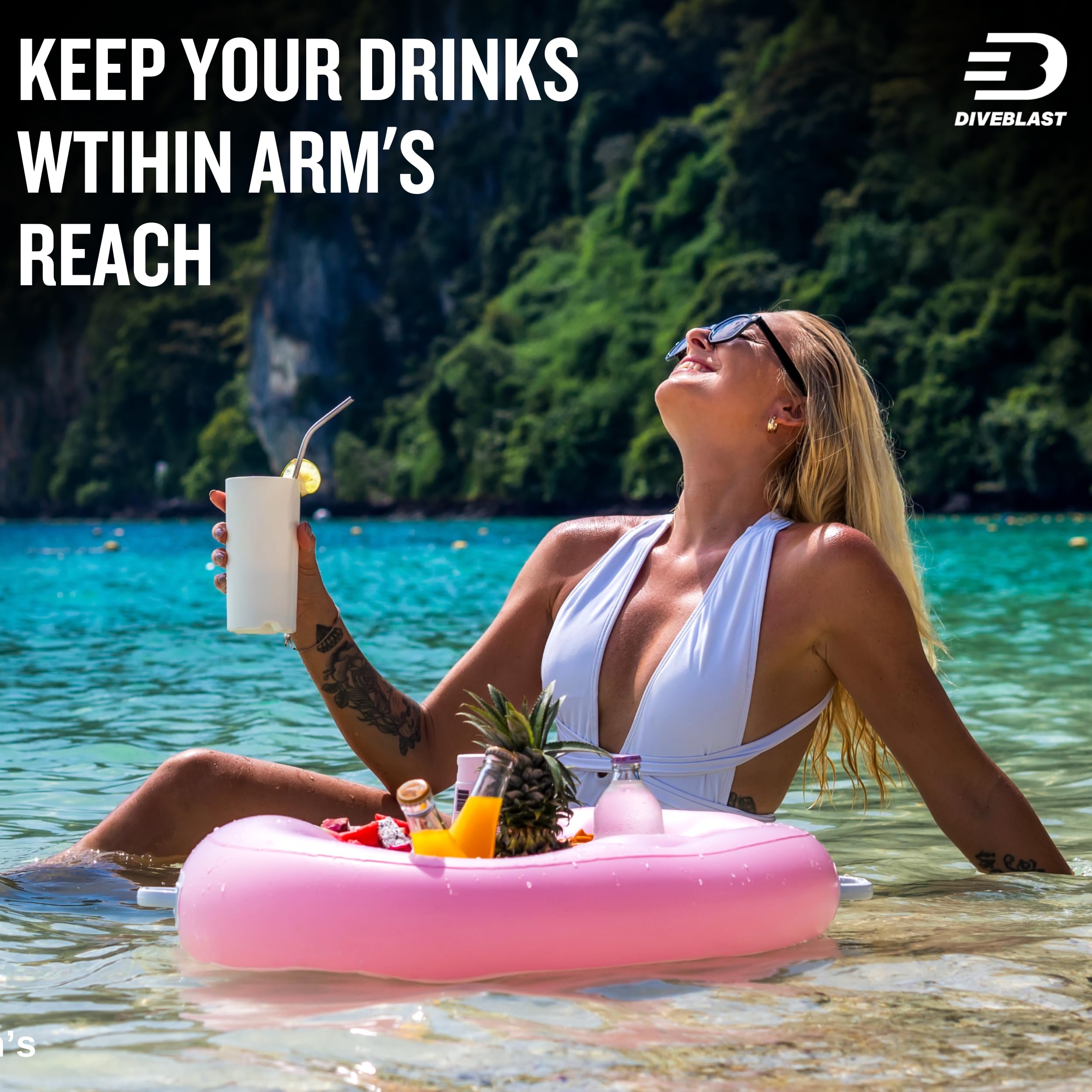 DIVEBLAST pink drink tray poolside supports easy serving and access.