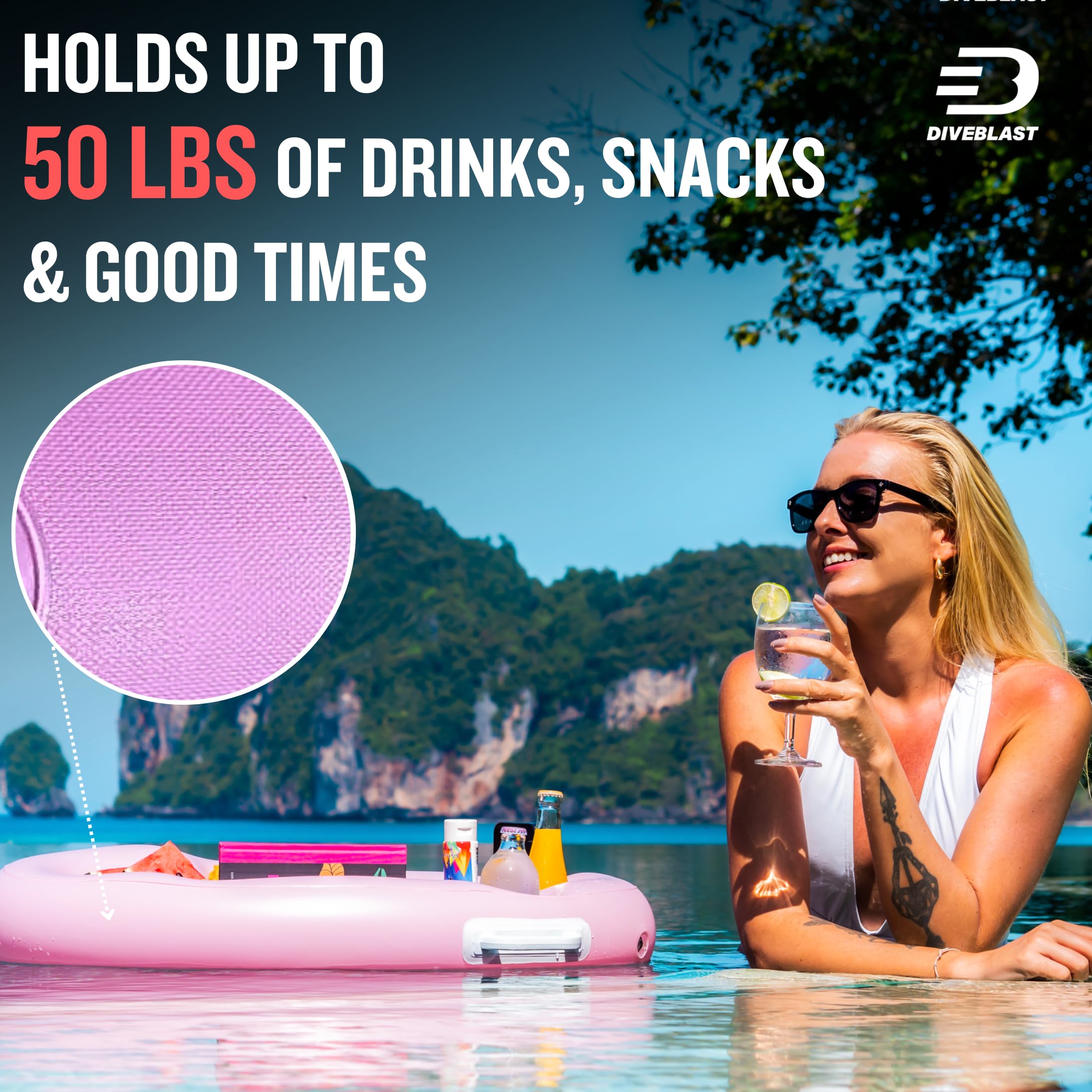 DIVEBLAST pink floating table in hot tub enhances relaxation and convenience.