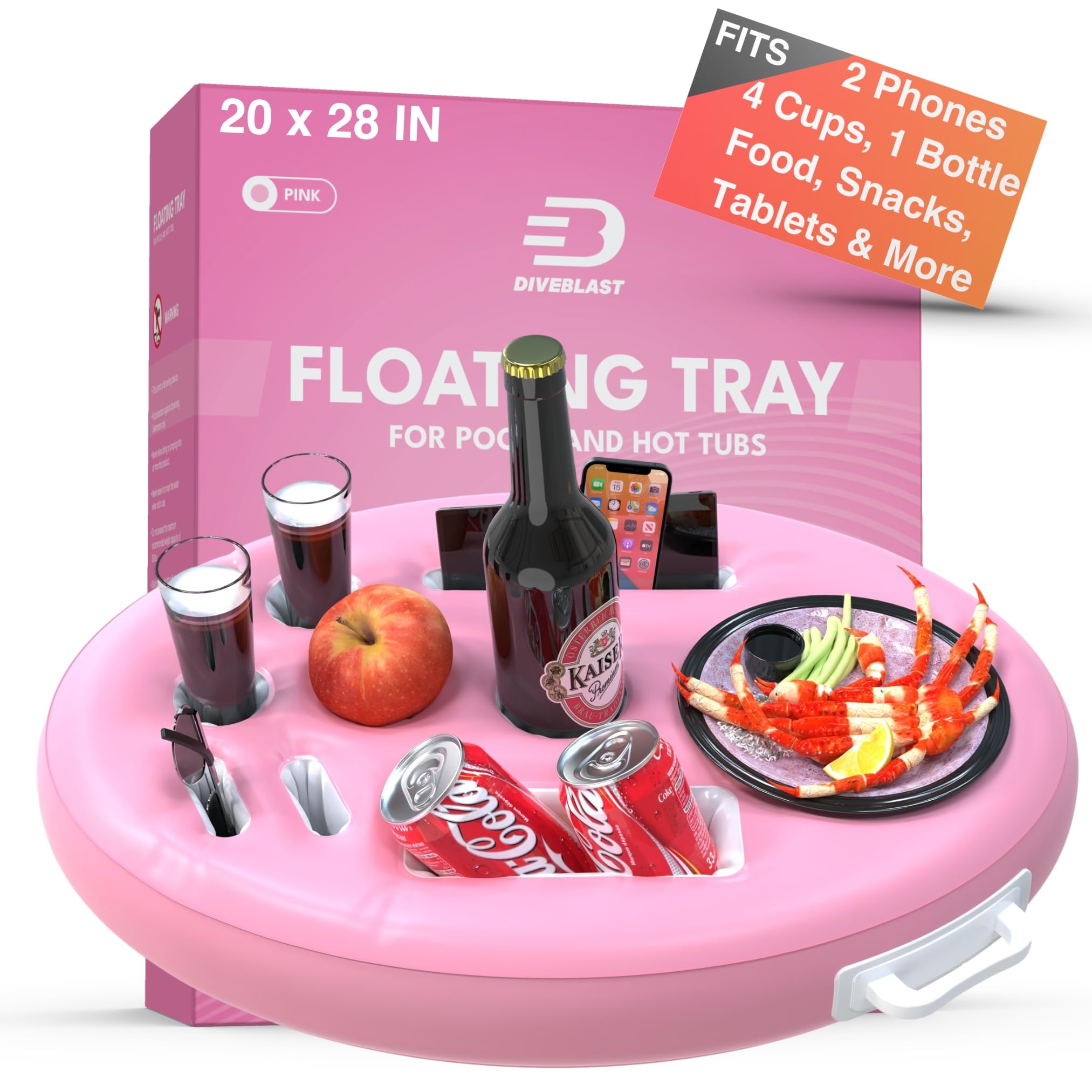 DIVEBLAST pink floating table for pool keeps drinks within reach.
