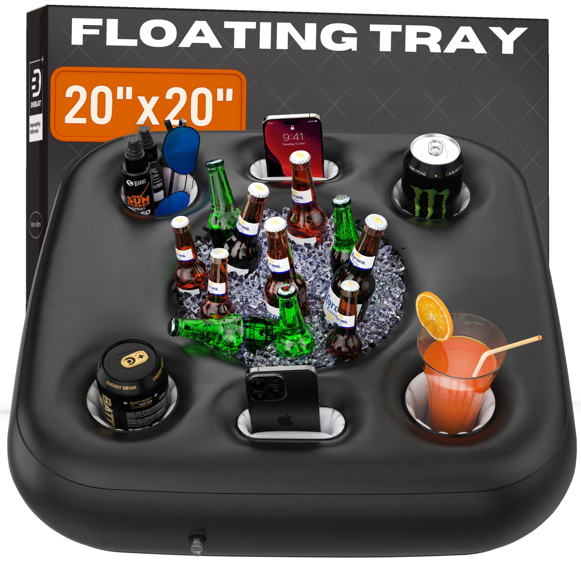 DIVEBLAST premium small floating drink holder on pool surface showing drinks within reach