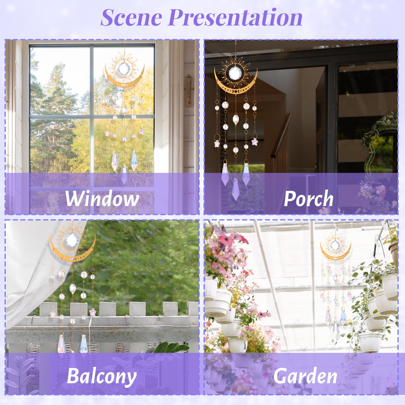 Divina Vitae suncatcher on porch window brightening outdoor space with rainbows.