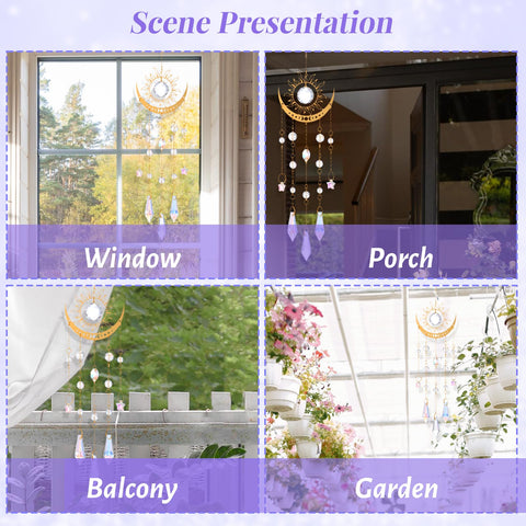 Divina Vitae suncatcher on porch window brightening outdoor space with rainbows.