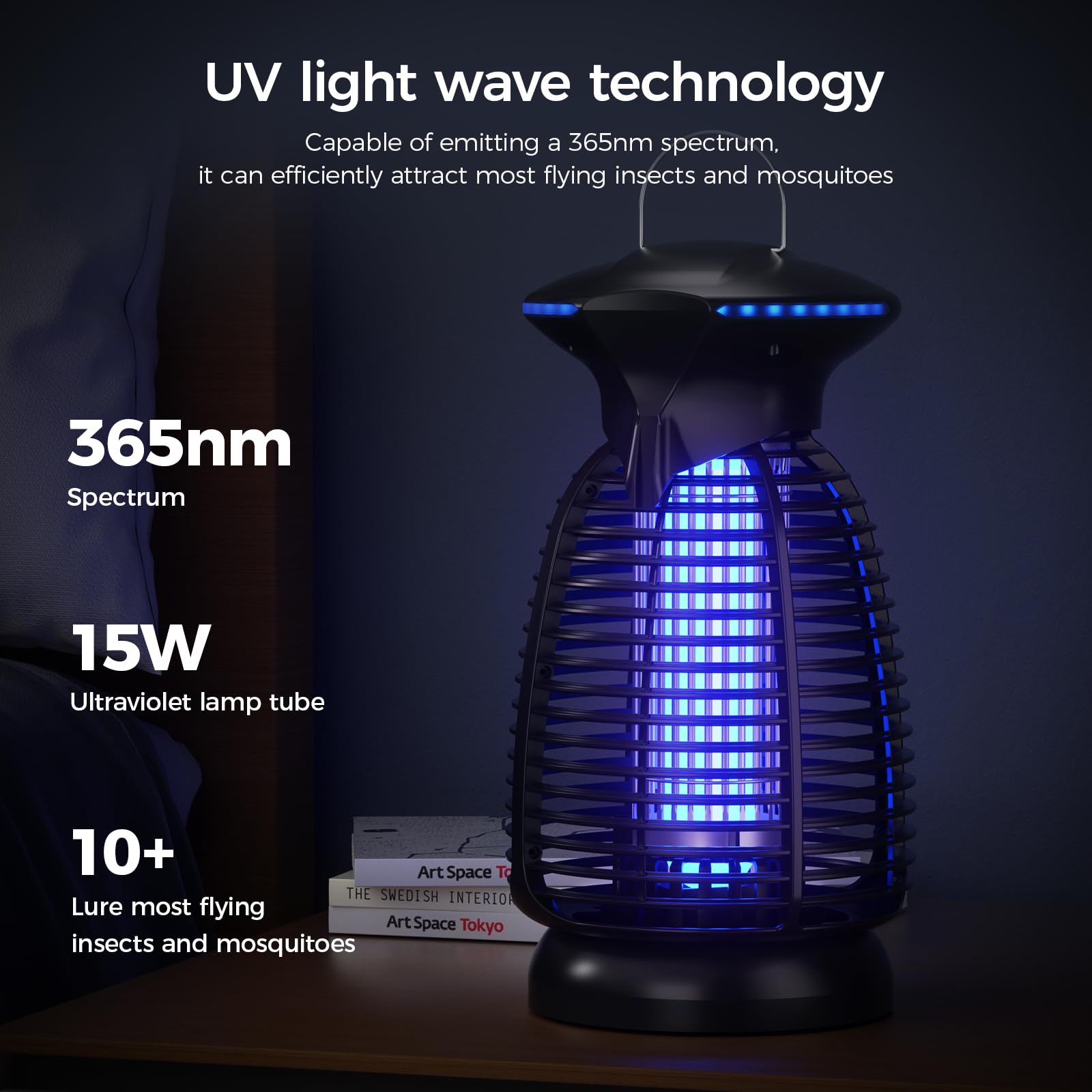 Dovima outdoor bug zapper LED side angle highlights night-time pest control