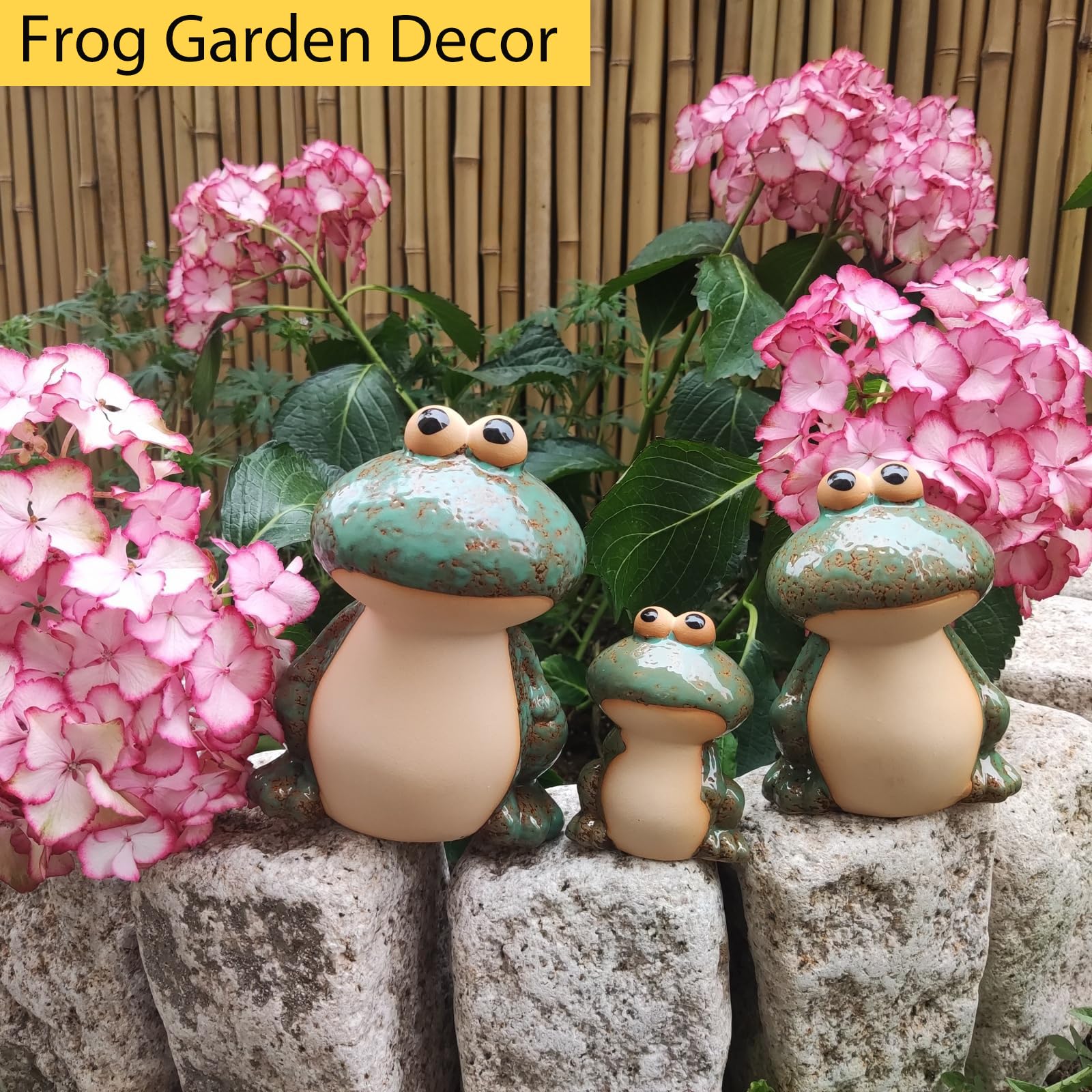 DIY Hub set of three frogs decor near water feature.