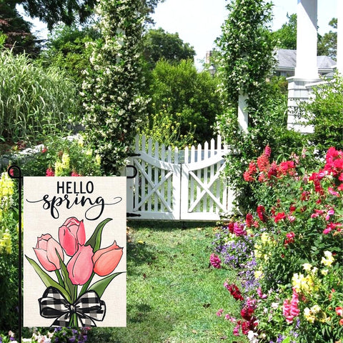 DIYDEC burlap-textured outdoor flag designed for rustic garden aesthetics.