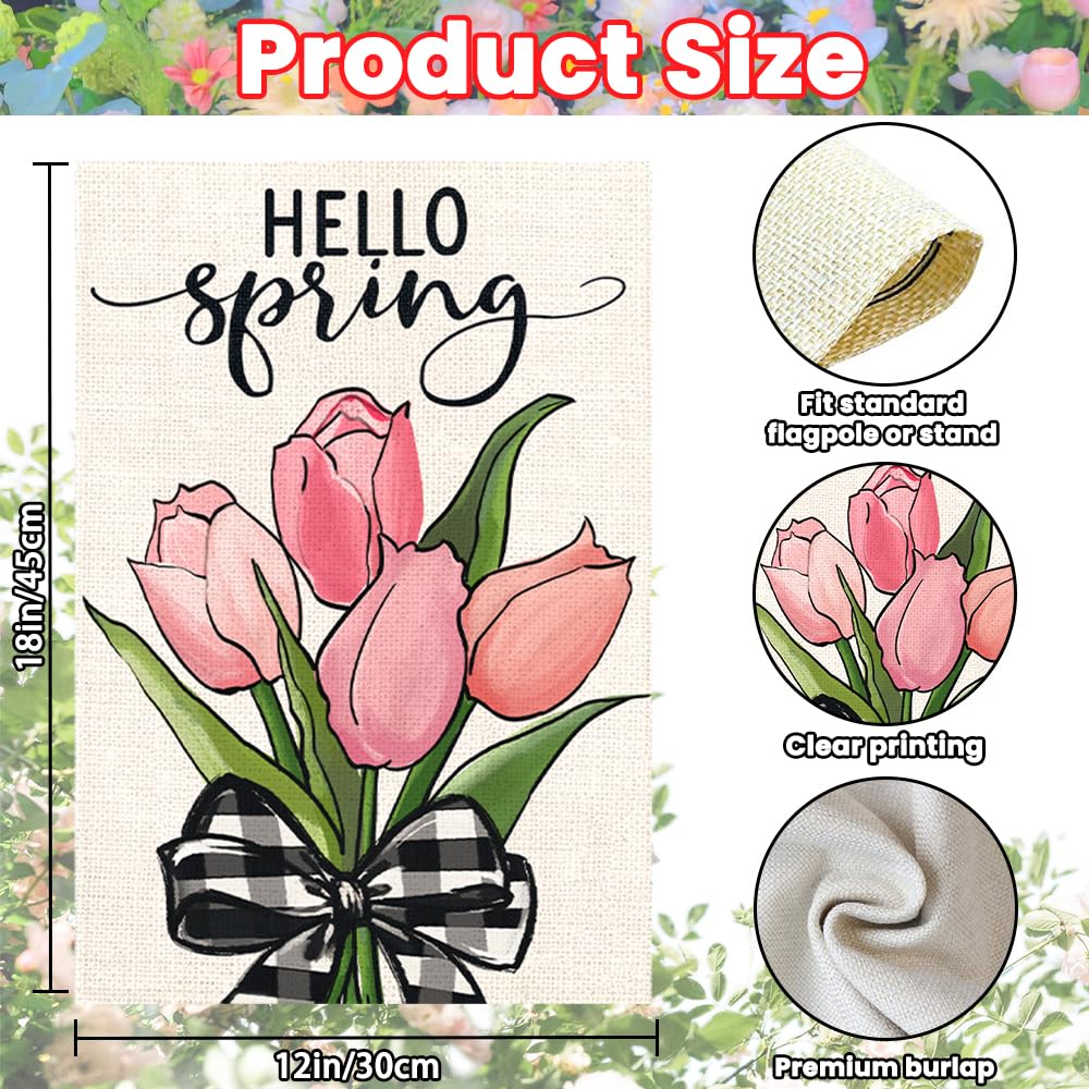 DIYDEC double-sided Hello Spring flag with pink tulips and plaid bow for visibility.