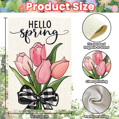 DIYDEC double-sided Hello Spring flag with pink tulips and plaid bow for visibility.