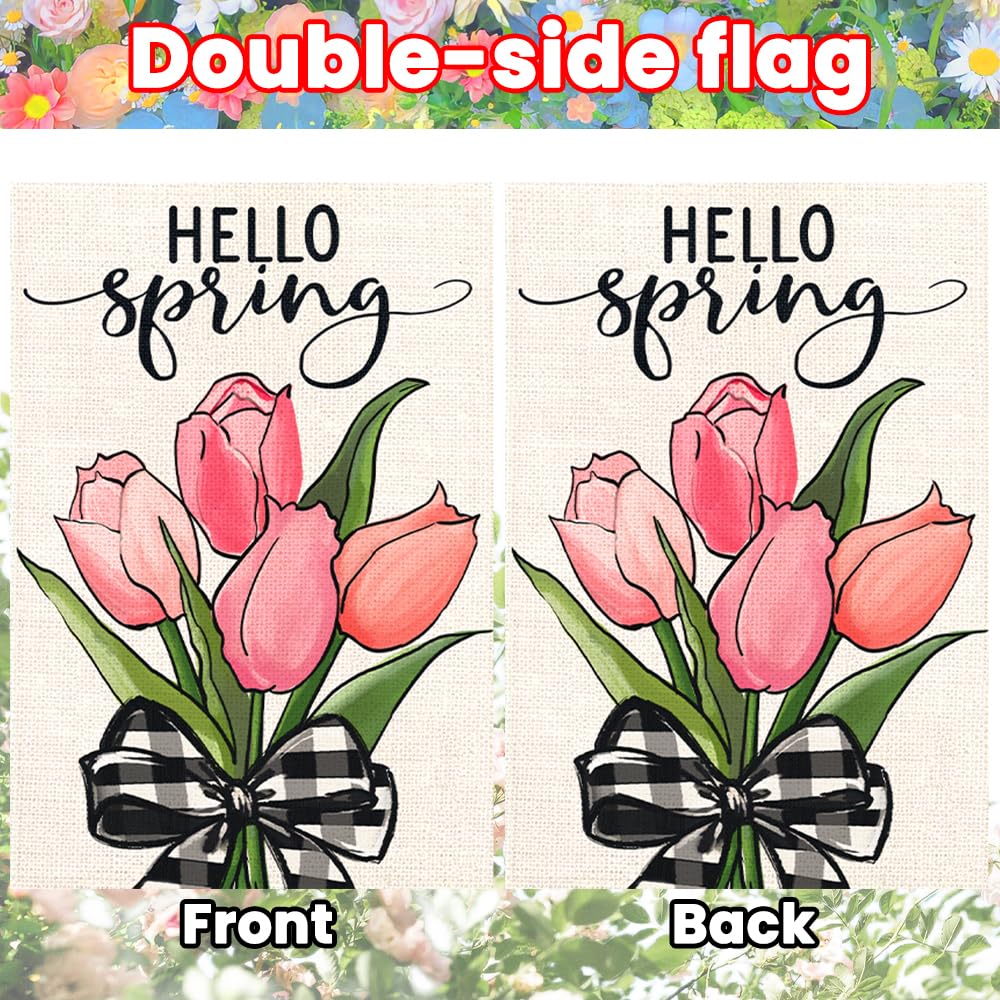 DIYDEC pink tulips on burlap flag enhances outdoor spaces with seasonal charm.
