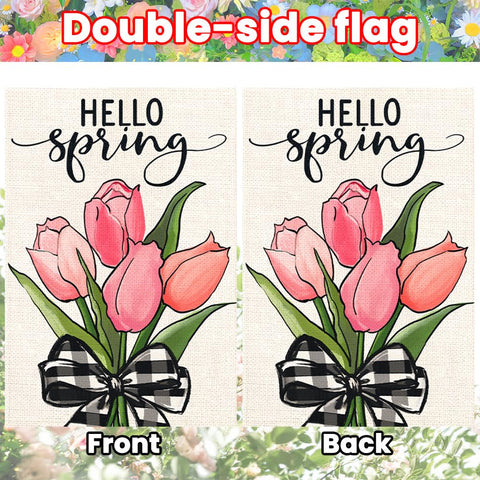 DIYDEC pink tulips on burlap flag enhances outdoor spaces with seasonal charm.