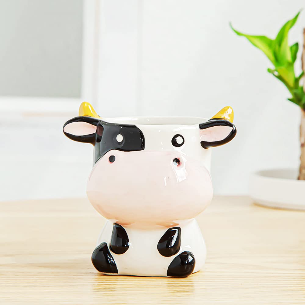 DIYOMR cow planter top view highlights smooth glaze and bright finish for shelf display