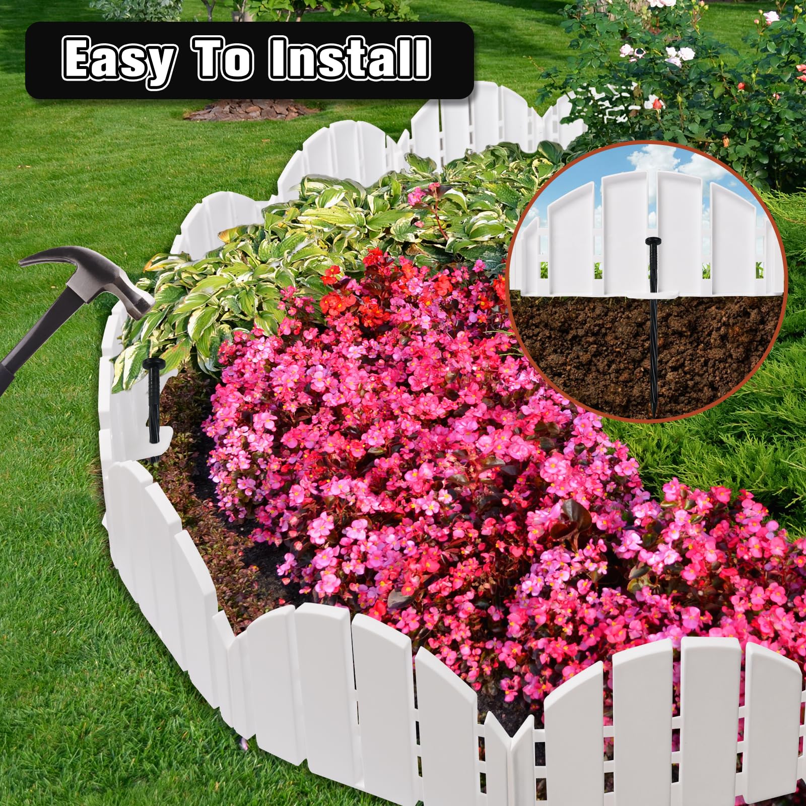 DJKFAEK installation with hammer and stakes shows secure, weather-ready edging.