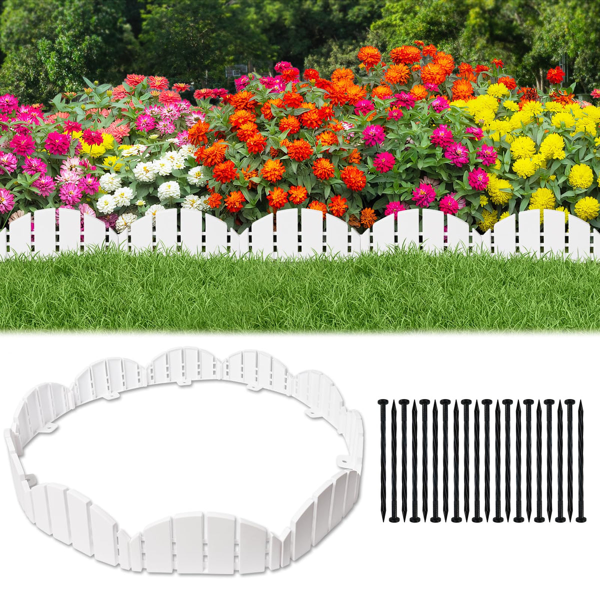 DJKFAEK white garden edging border close-up, durable plastic for neat, low-maintenance edges.