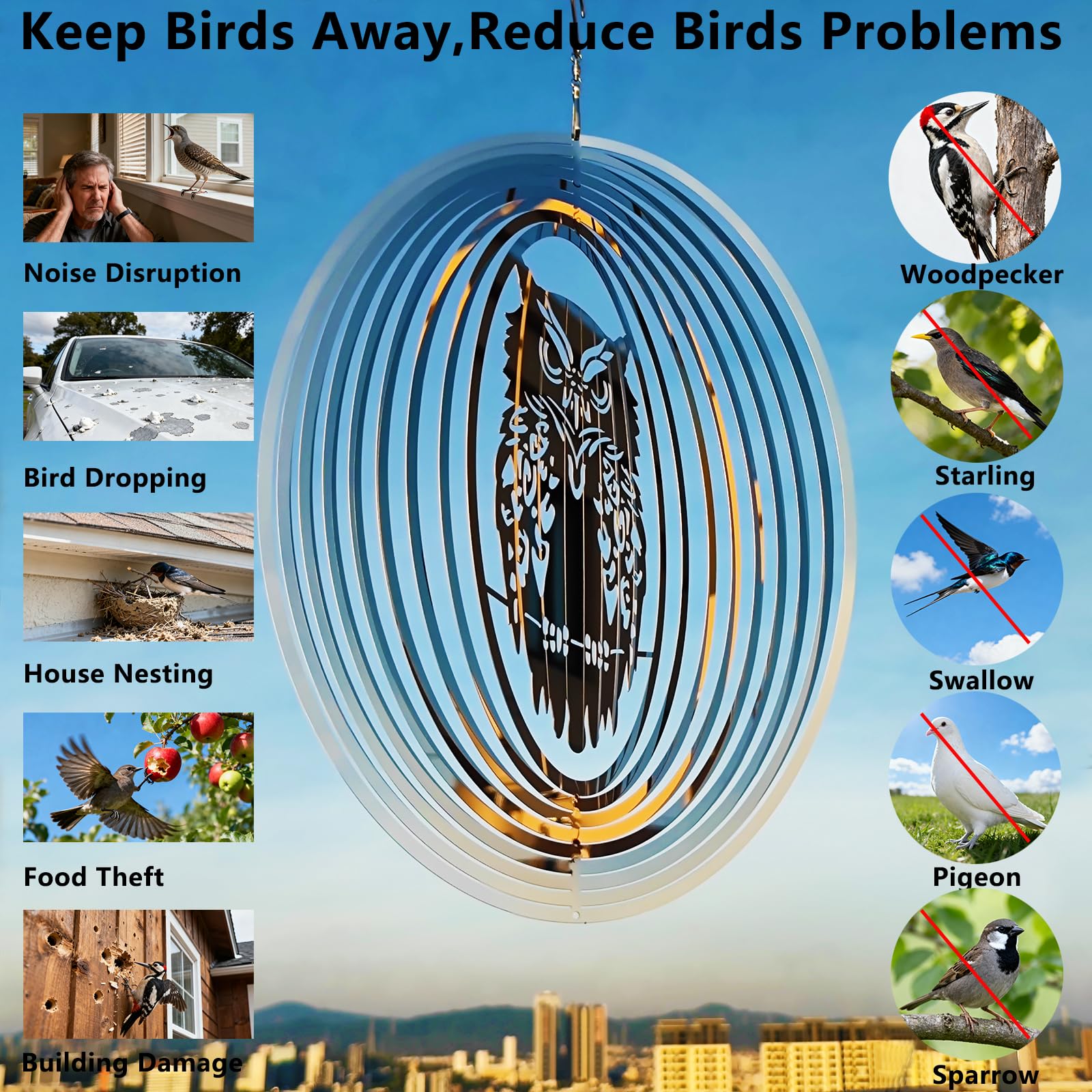 DJUAN 360-degree hook enables easy outdoor mounting for wind-driven deterrence.