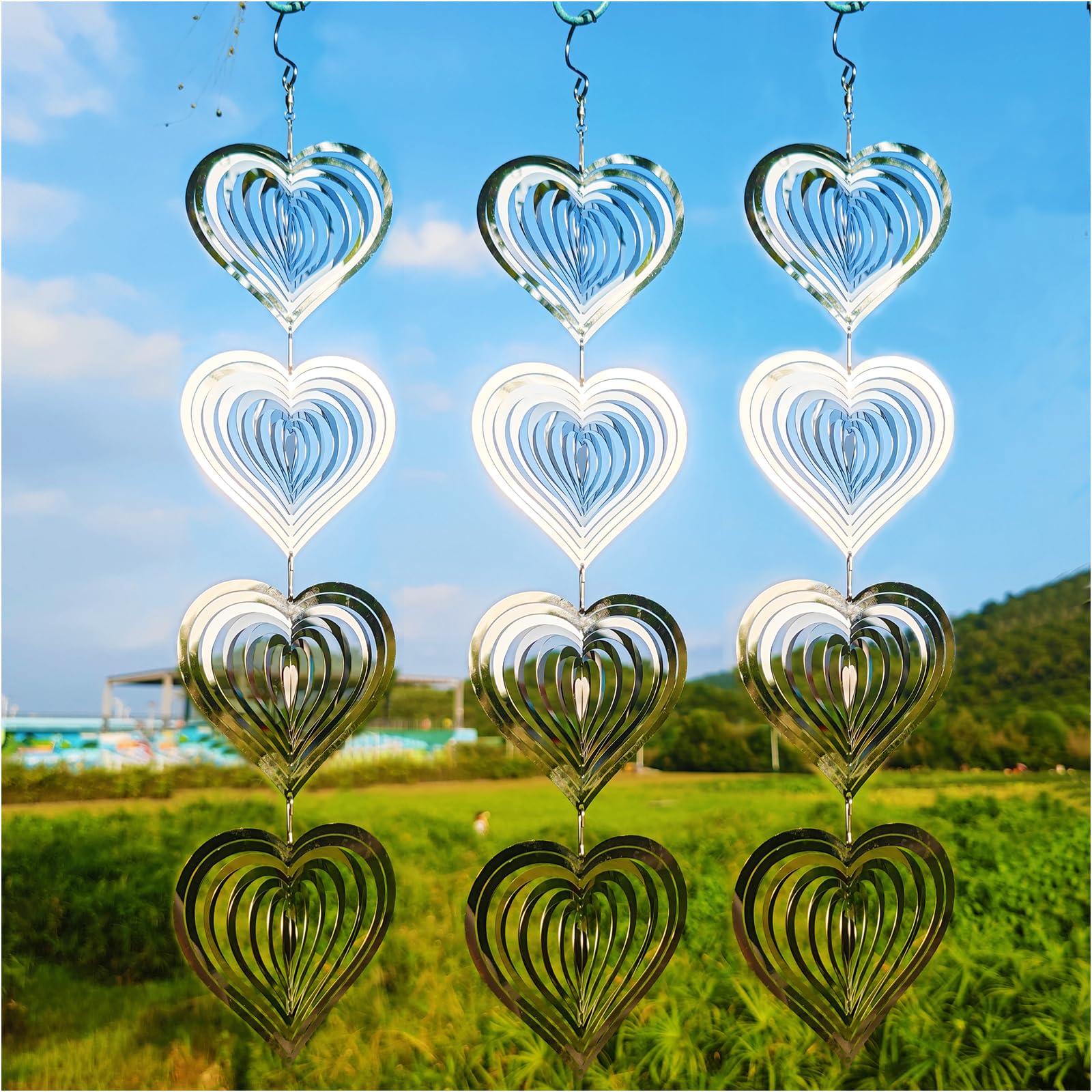 DJUAN heart bird scare discs set rotating spinners deter birds in sunlit yard
