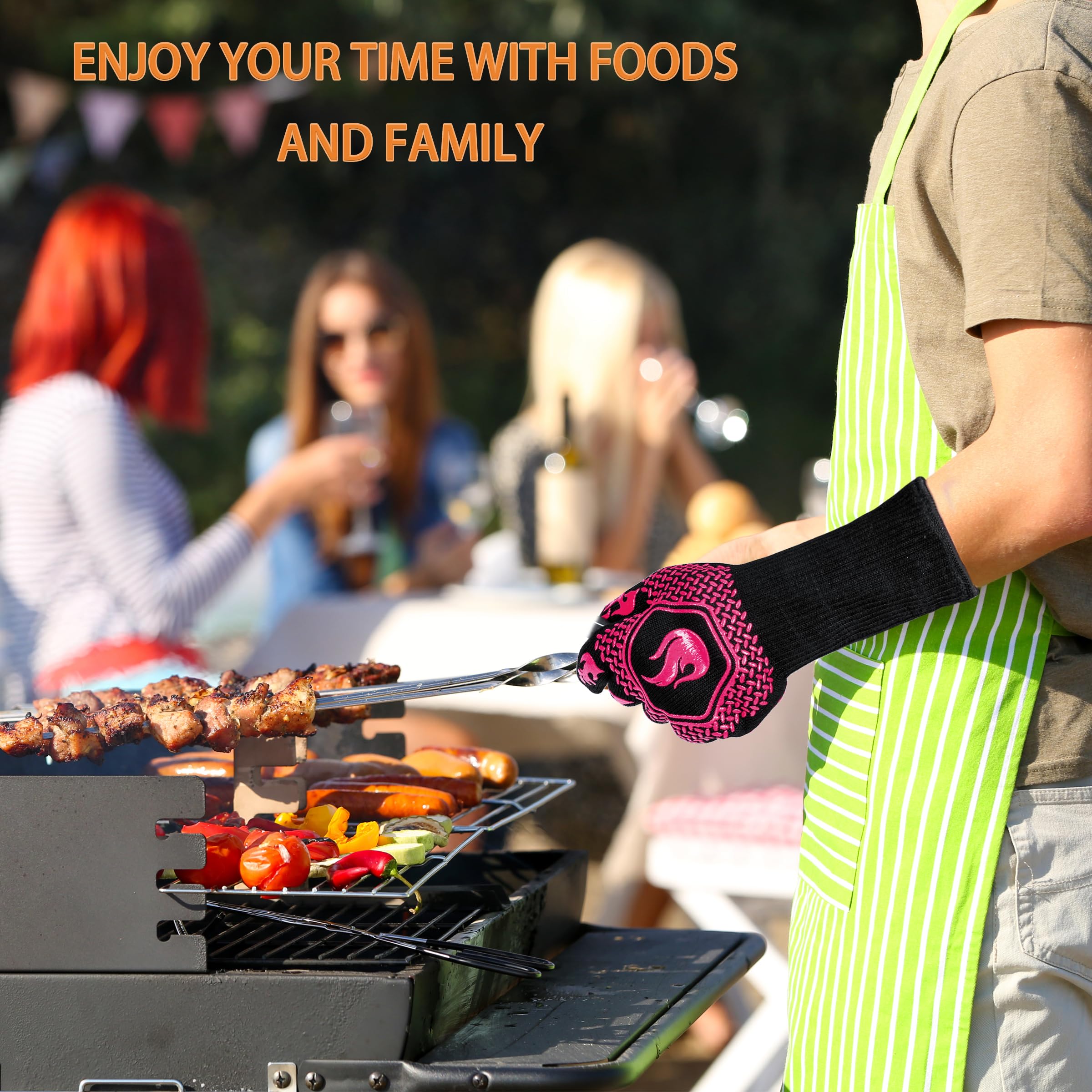 DKHDBD BBQ Fireproof Gloves demonstrate versatile use in barbecue tasks.
