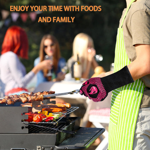 DKHDBD BBQ Fireproof Gloves demonstrate versatile use in barbecue tasks.
