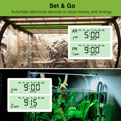 Grow1 timer plugged into a wall outlet for automated power control in a grow setup.