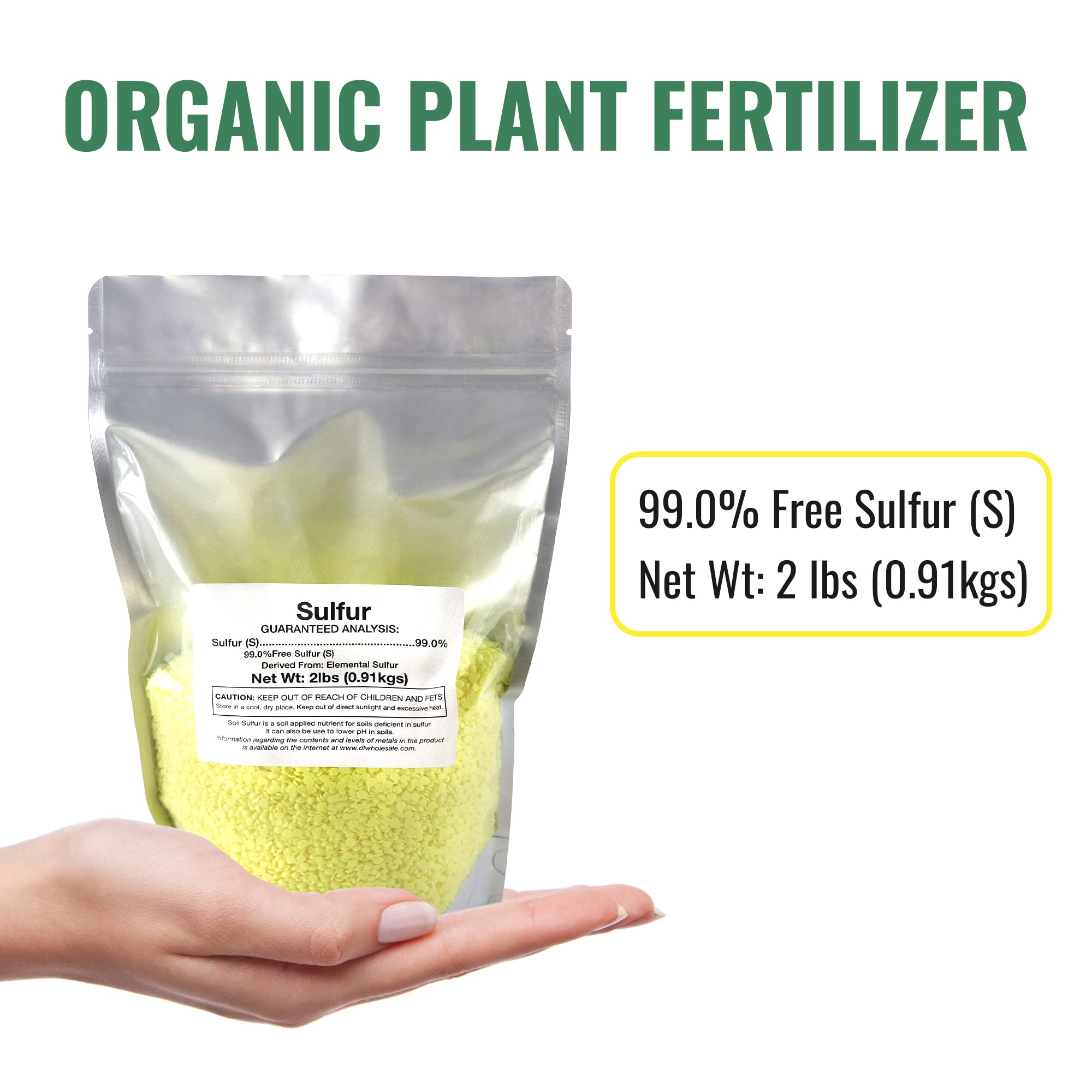 DL Wholesale sulfur bag 2lb close-up of sulfur crystals in garden context
