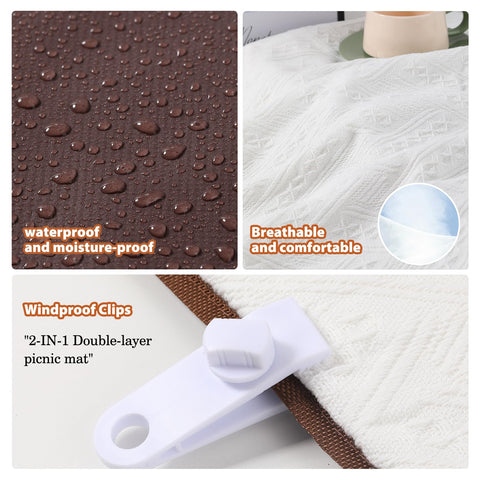 DLCOFOUND 2-in-1 white picnic blanket with wind clips securing it on breezy day.