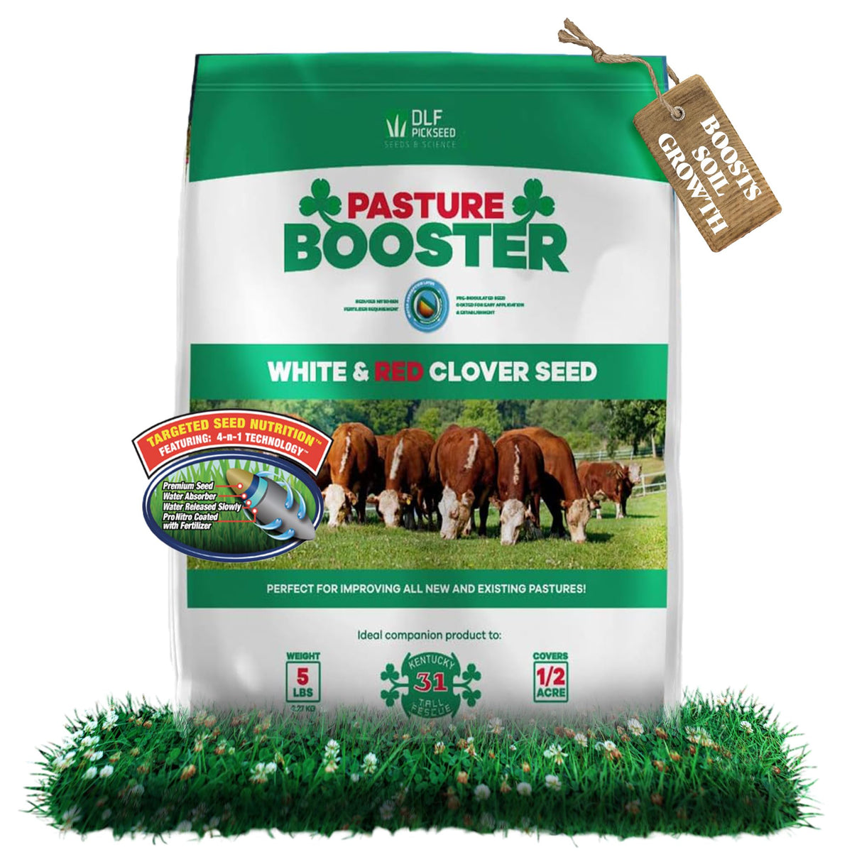 DLF Pasture Booster Clover Seed Mixture packaging shows premium seed for resilient pastures.
