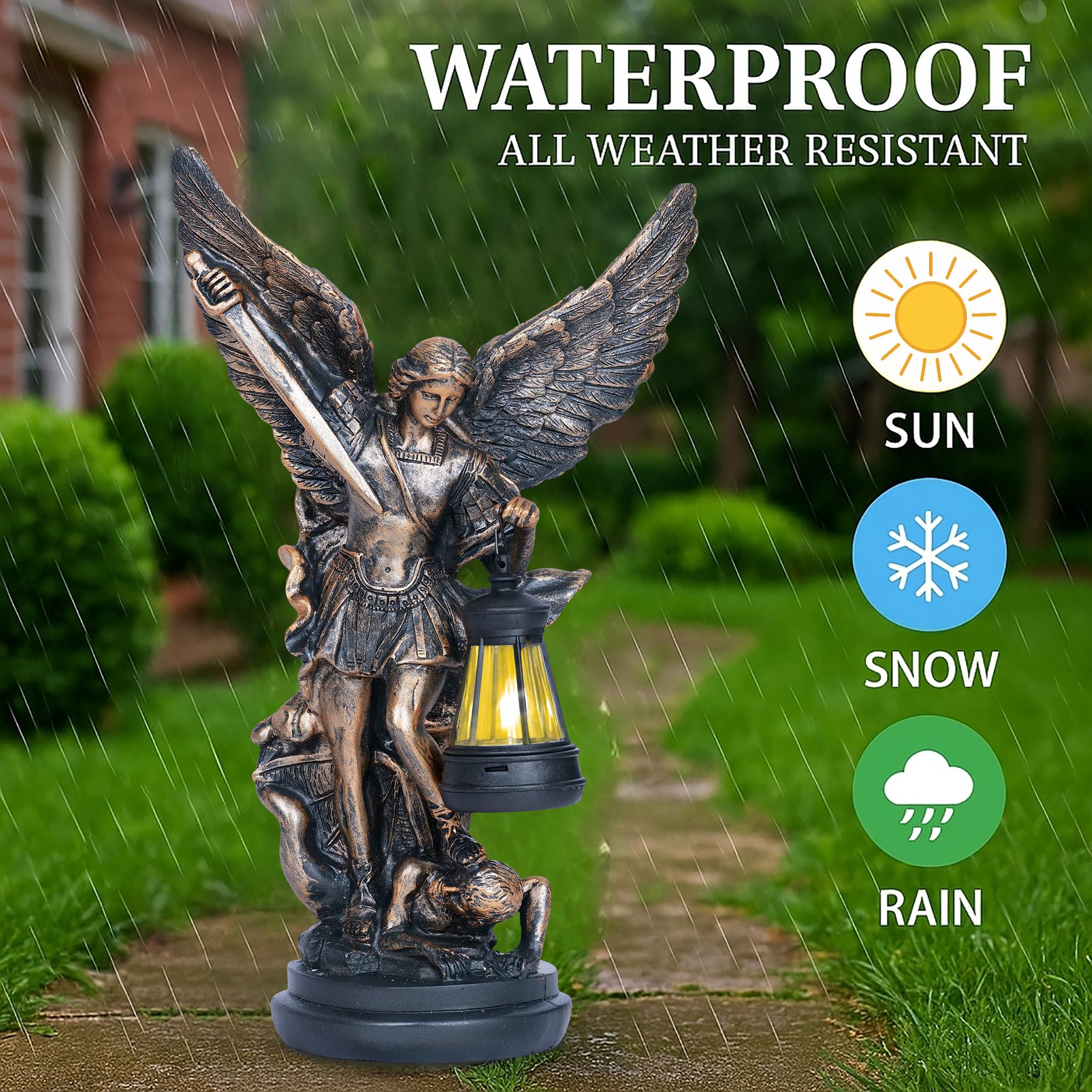 Dlfghos 12-inch St Michael garden statue placed along a walkway