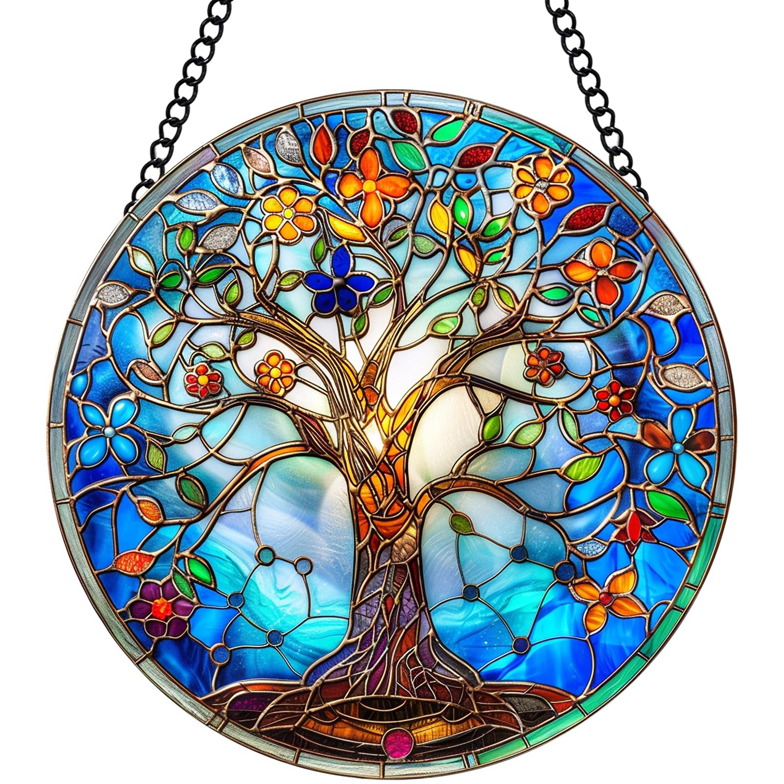 DLNNBKB Tree of Life suncatcher shines through glass, enhancing morning light.