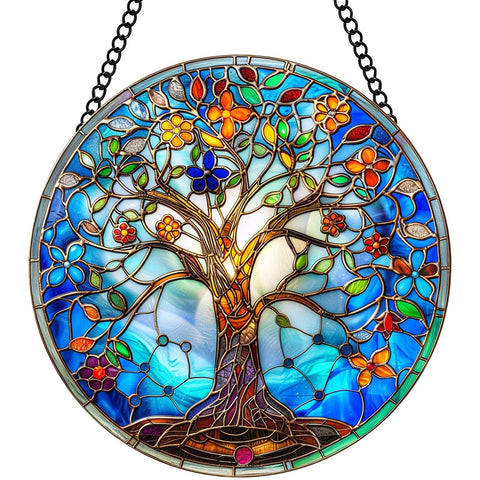DLNNBKB Tree of Life suncatcher shines through glass, enhancing morning light.