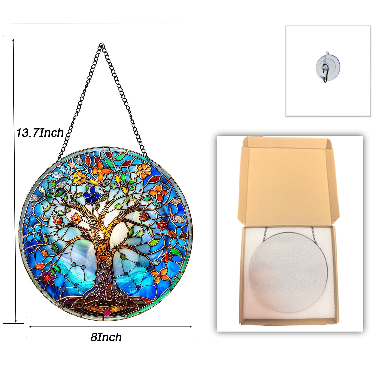 DLNNBKB Tree of Life Suncatcher shown with chain and suction hooks for mounting.