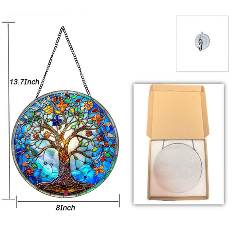 DLNNBKB Tree of Life Suncatcher shown with chain and suction hooks for mounting.