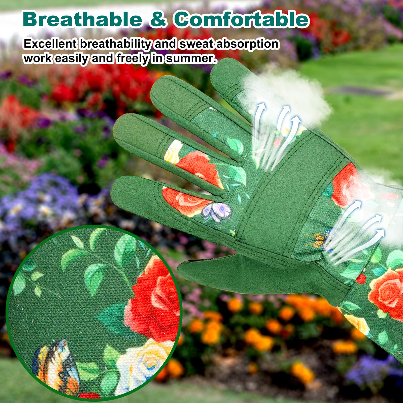 DLY Gardening Gloves rose pattern close-up highlighting stylish design for women.