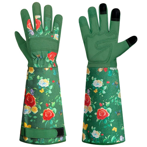 DLY gardening gloves with leather rose pattern, close-up for durable hand protection during gardening.