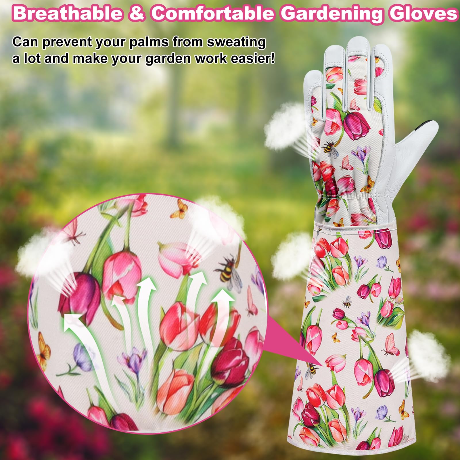 Extended cuffs protect the forearms during thorny pruning tasks.