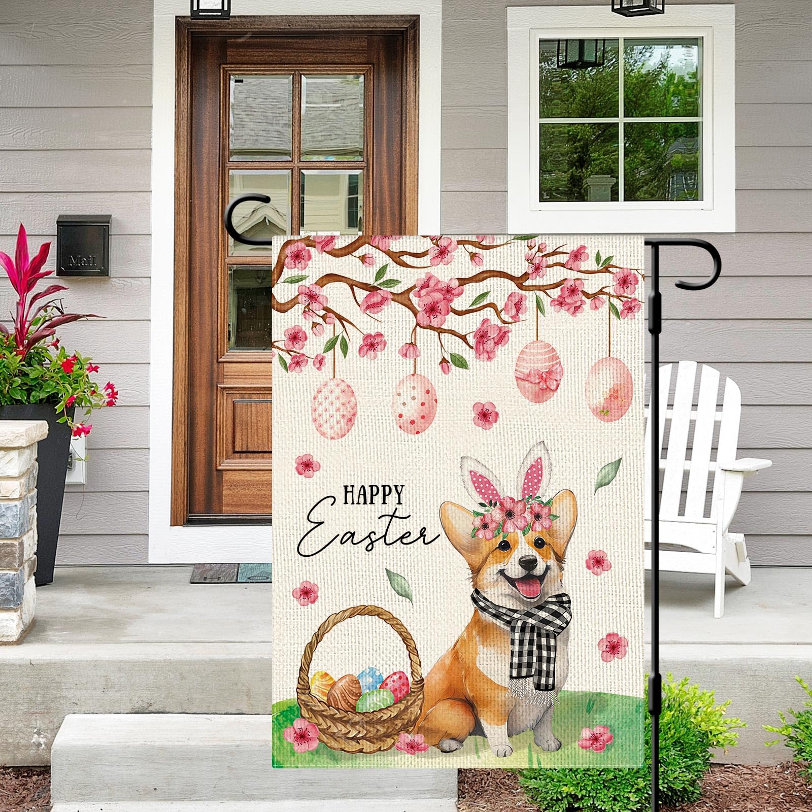 Dlzdn bunny ears egg flag close-up shows vibrant colors for curb appeal.