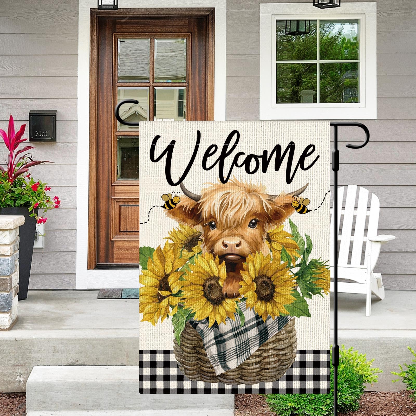 Dlzdn double-sided flag with buffalo plaid enhances vibrant yard decor