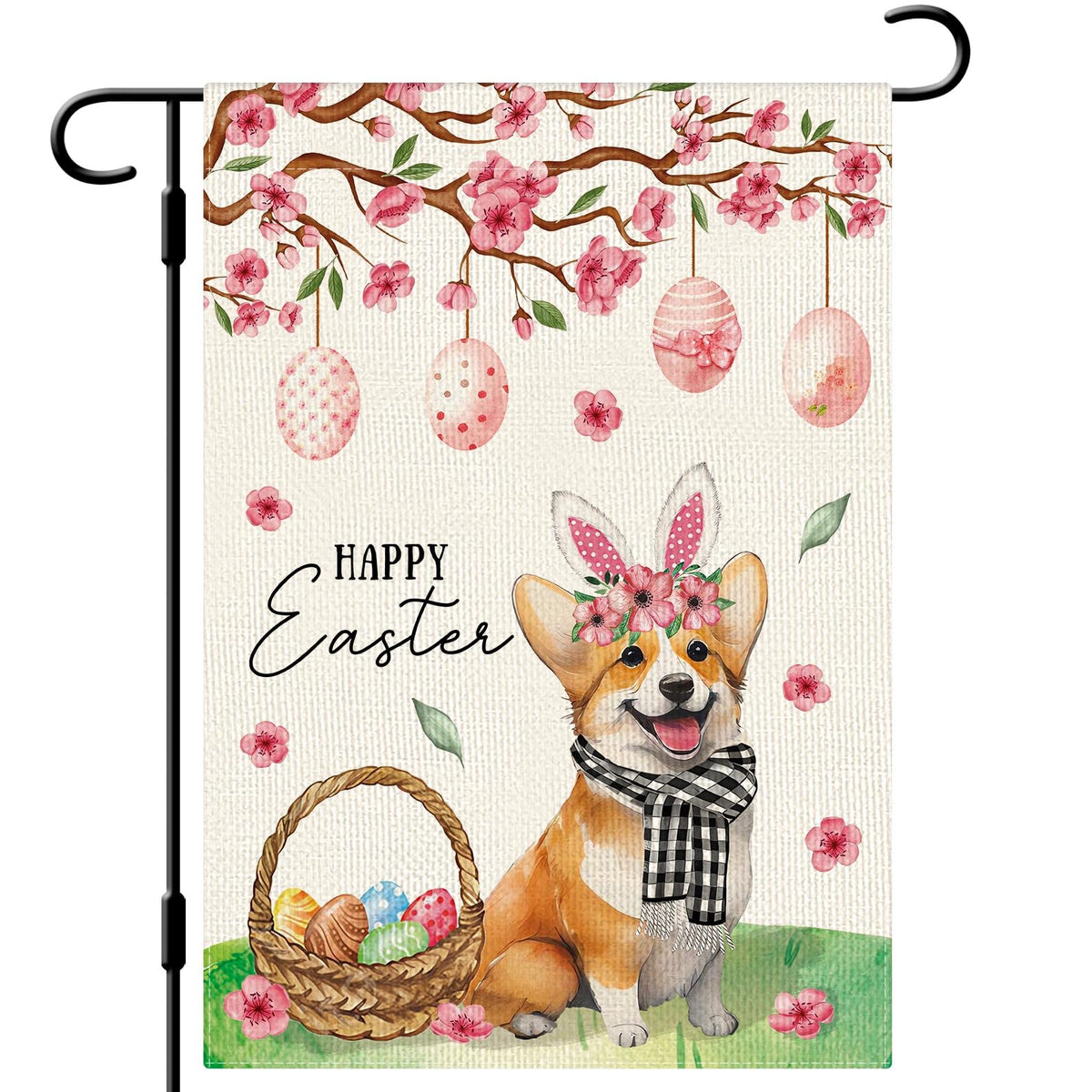Dlzdn Happy Easter dog flag with a corgi design greets guests in the yard.