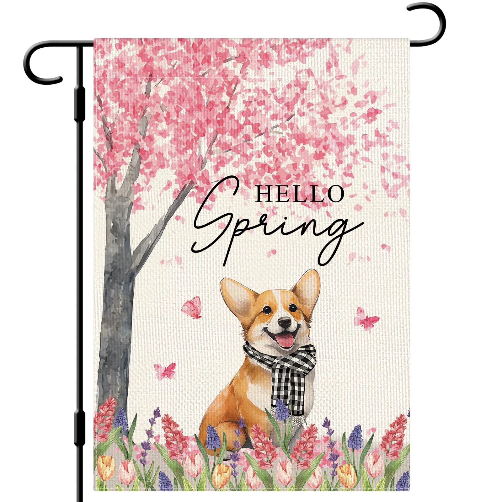 Dlzdn Hello Spring dog flag with corgi, cherry blossoms, boosts curb appeal.