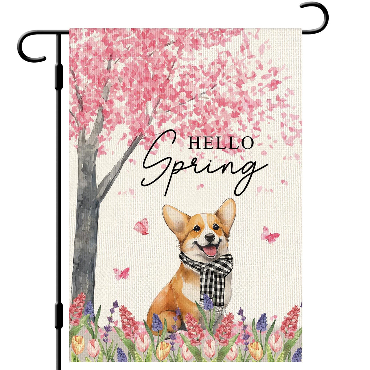Dlzdn Hello Spring dog flag with corgi, cherry blossoms, boosts curb appeal.