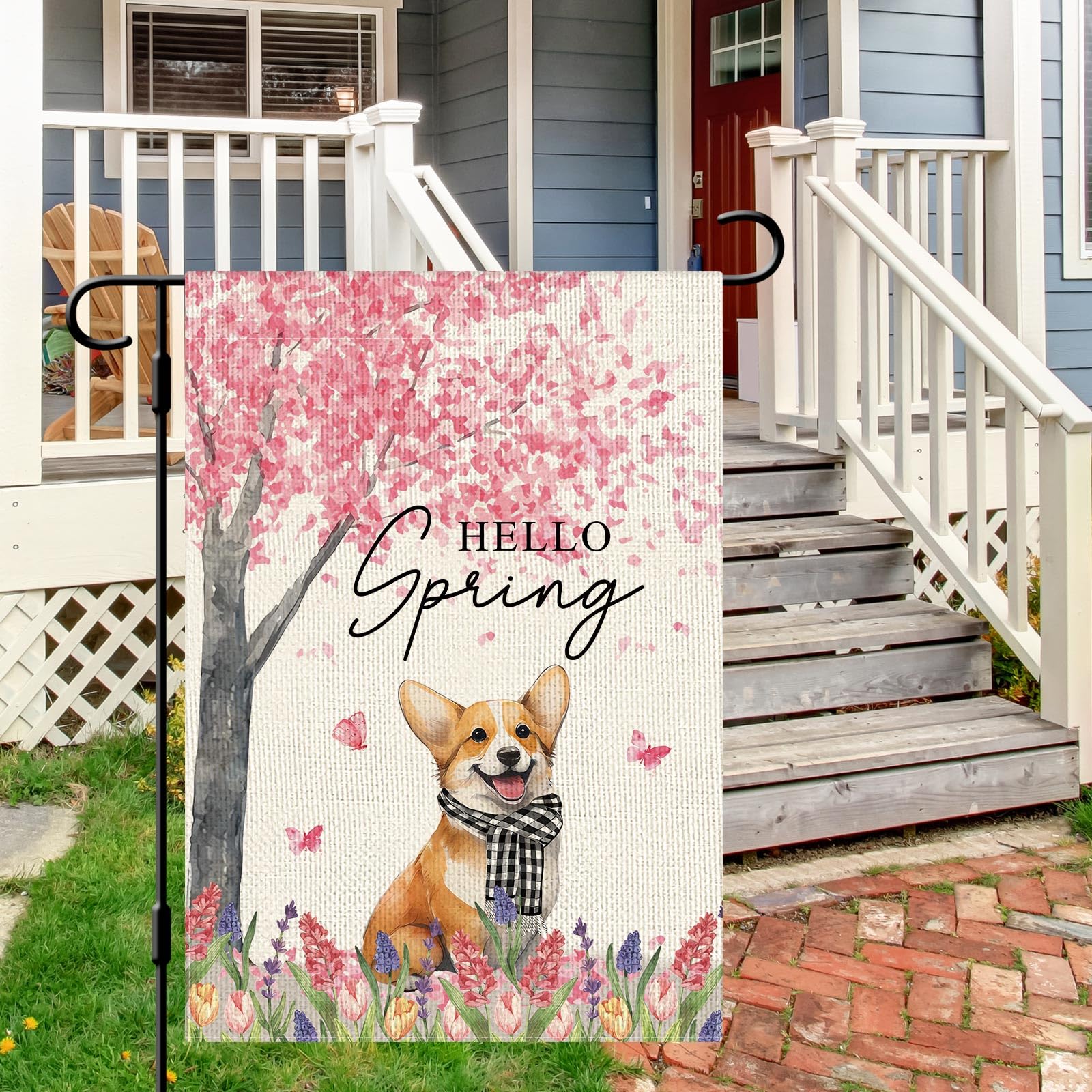 Dlzdn Hello Spring dog flag, double-sided, readable from both sides.
