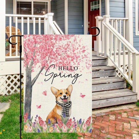 Dlzdn Hello Spring dog flag, double-sided, readable from both sides.
