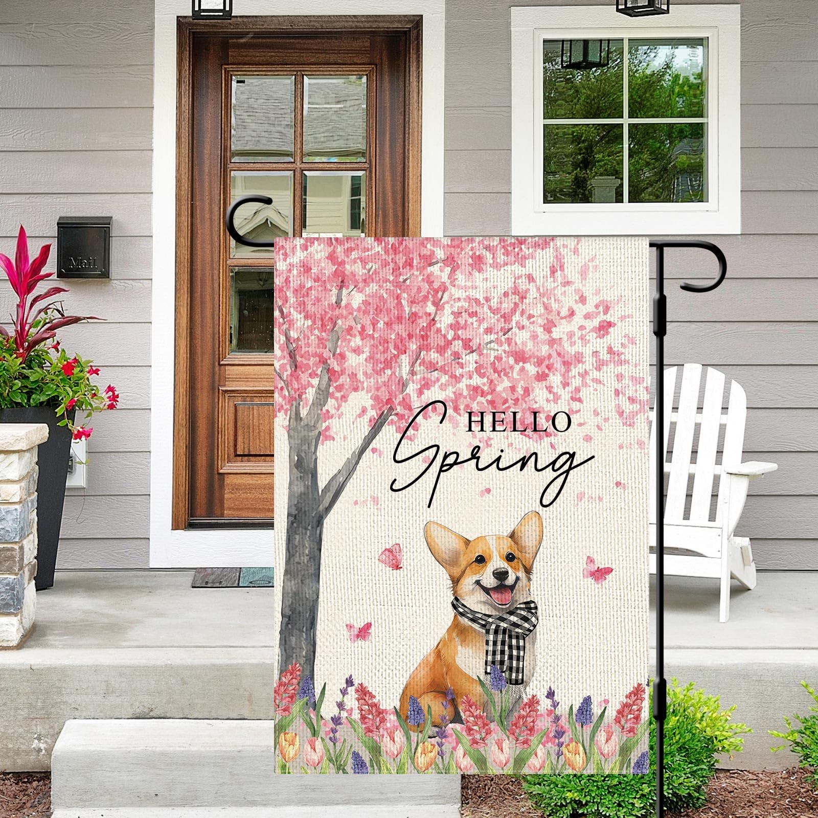 Dlzdn Hello Spring floral flag with bouquet design, adds vibrant color to gardens.
