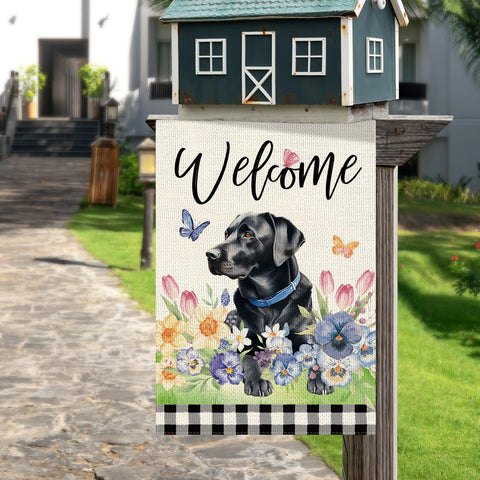 Dlzdn floral Labrador flag adds seasonal charm to garden entrances.