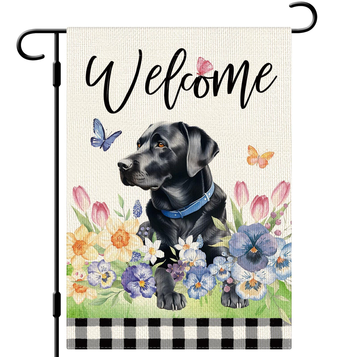 Dlzdn Spring Dog Flag with black Labrador and floral motif adorning a sunny entryway.