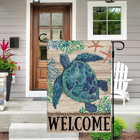 Dlzdn Welcome Sea Turtle flag back view shows double-sided print for full visibility.